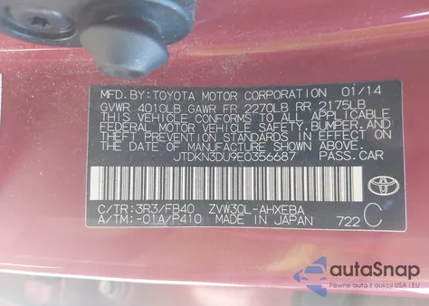 2014 Toyota Prius Two z USA, uszkodzony, nr VIN JTDKN3DU9E0356687